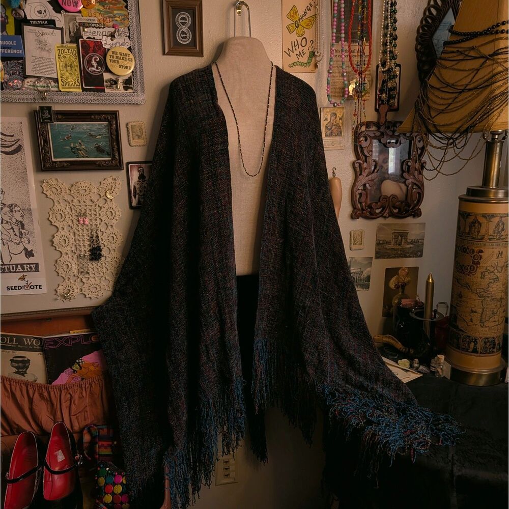 Chenille Knit Shawl Unisex Blue Rainbow Asymmetrical Fringe Bohemian Art-to-Wear